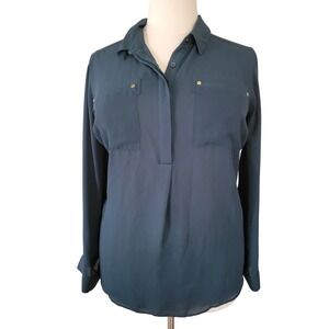Lane Bryant Blouse Womens 18/20 Teal Excellent Long Sleeve Button Front Crepe